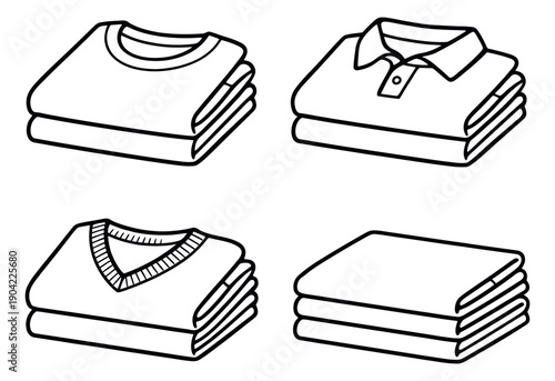 Hand drawn line art clothing set featuring folded t-shirt, polo shirt, and sweater for laundry and wardrobe organization