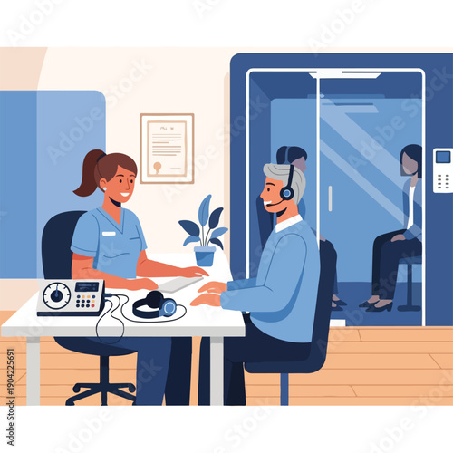 Illustration of a hearing test, with patients and medical professionals