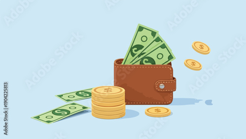 Illustration of a leather wallet, bills, and coins against a soft blue backdrop