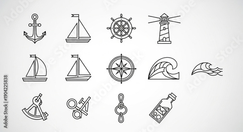 Nautical Icons Collection Featuring Anchor Sailboat Compass Lighthouse and Wave.