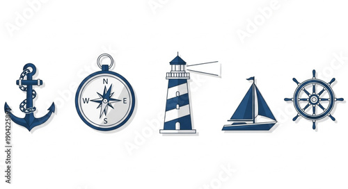 Nautical Icons Collection Featuring Anchor Compass Lighthouse Sailboat and Ship Wheel.