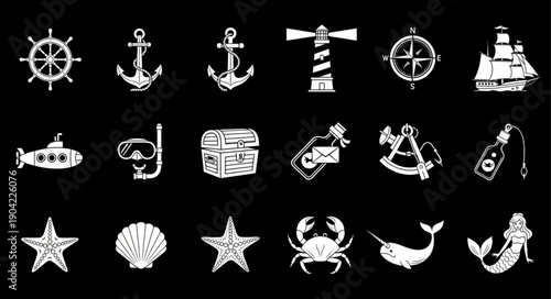 Nautical icons and symbols collection on black background.