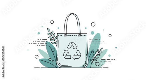 Eco friendly vector illustration of a tote bag with a recycling symbol, promoting sustainability and environmental awareness in a clean, modern style