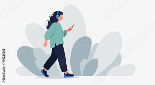 Vector illustration of a young woman listening to music with headphones and using her smartphone while walking outdoors with abstract plants in the background