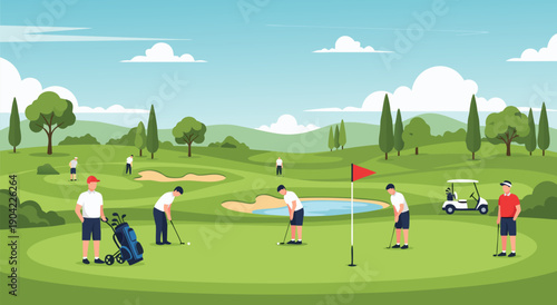 Green Golf Course Scene Vector Illustration Featuring People Playing Golf On A Sunny Day