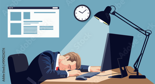 Overworked businessman sleeping on desk with computer and lamp in vector illustration with clock on wall