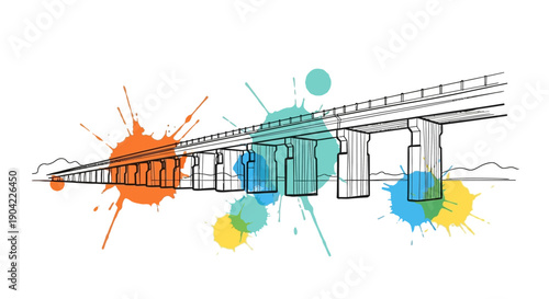 Artistic Splash of Color on Bridge Design in Urban Landscape Illustration