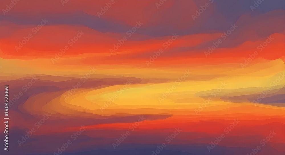 Obraz premium Vibrant abstract painting depicting a colorful sunset sky with warm hues of orange, red, and yellow blending across the horizon.