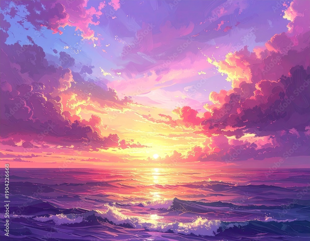 Fototapeta premium Dramatic sunset paints the sky with vibrant purple and orange hues over the ocean.