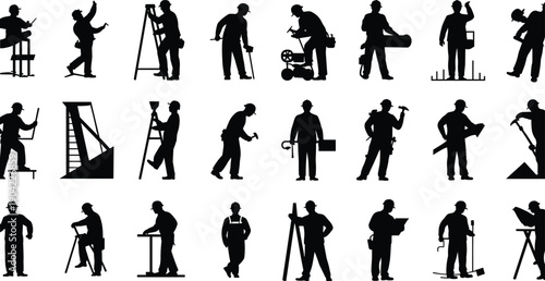 Construction worker silhouettes collection, professional tradespeople icons set isolated on white background for industry, labor, occupation design projects
