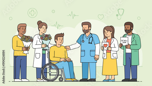 Illustration of a patient in a wheelchair, surrounded by medical staff