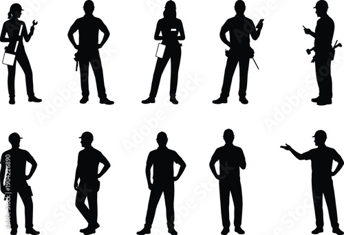 Construction worker silhouettes set, industrial tradespeople with tools isolated on white background for labor, workforce, occupation design