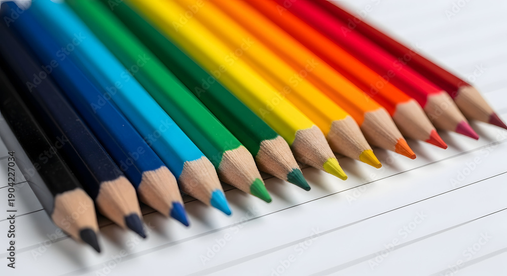 Fototapeta premium A collection of colorful pencils lined up on a white surface