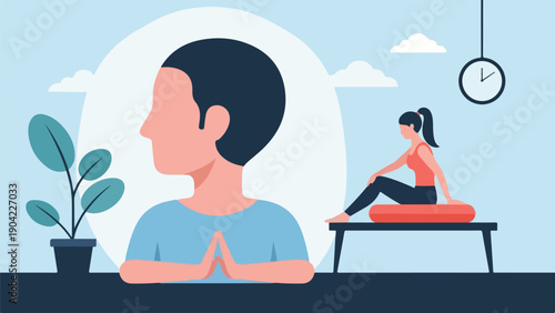 Illustration of a person meditating, another person in workout pose