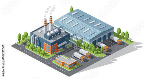 Isometric Industrial Factory Building with Trucks and Shipping Area.