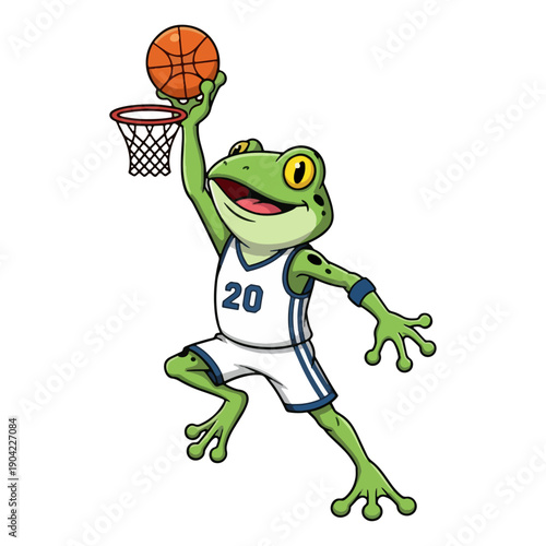 Cute frog basketball player dunking ball, green cartoon amphibian athlete mascot scoring slam dunk in white uniform, energetic sporty animal character illustration for logo, kids team branding, vector