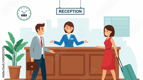 Illustration of a reception with a clerk, visitors, and clock