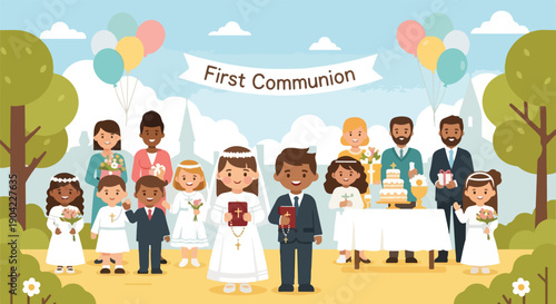 Illustration of a religious celebration, people, gifts, and balloons