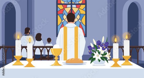 Illustration of a religious ceremony with clergy, altar, and stained glass