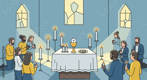 Illustration of a religious ceremony with people holding candles