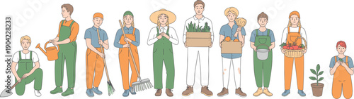Gardeners and farmers collection, people holding plants and tools isolated on white background agriculture illustration set