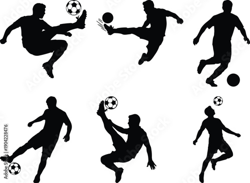 Soccer player silhouette set, kicking and jumping poses