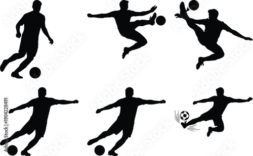 Soccer player silhouette set, dynamic action poses