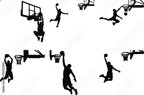 Basketball players performing dunks, isolated on white