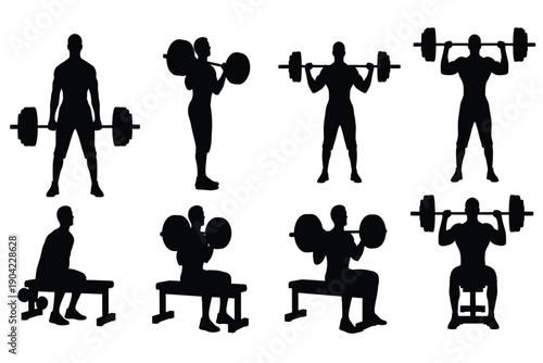 Silhouette of people doing various weightlifting exercises with dumbbells and barbells