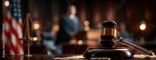 Judge's gavel on desk in courtroom with blurred lawyer speaking  