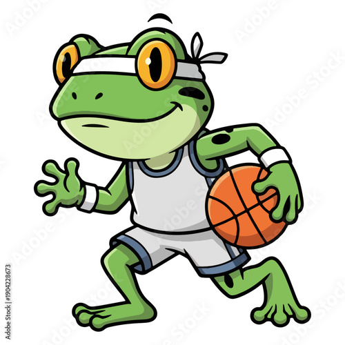 Cute frog basketball player wearing headband running with ball, green cartoon amphibian athlete mascot in white uniform, sporty animal character illustration for logo, kids team branding, vector
