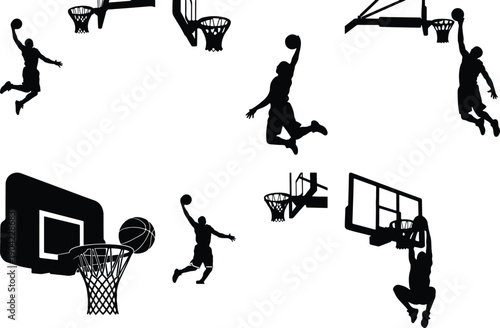 Basketball player silhouette in mid-air dunking