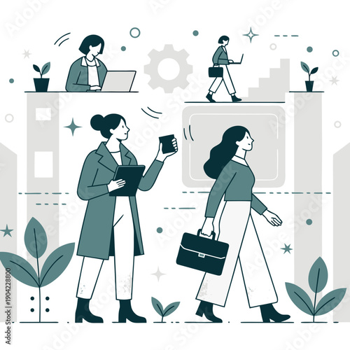 Women walking and working together in a modern urban environment with technology and plants