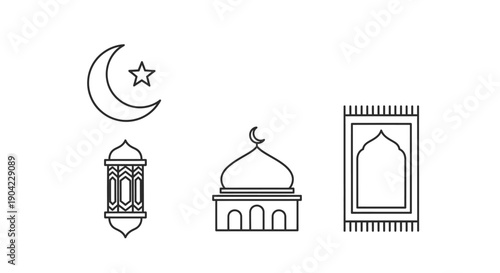 Islamic religion linear icons set, crescent moon, mosque, lantern, prayer mat