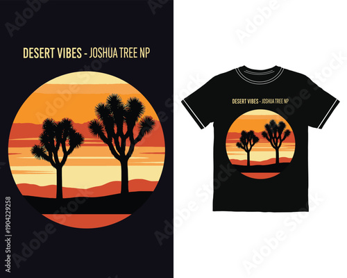 Desert vibes t shirt mockup featuring a joshua tree and sunset illustration