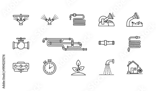 Garden irrigation system outline icon set for landscaping and home watering
