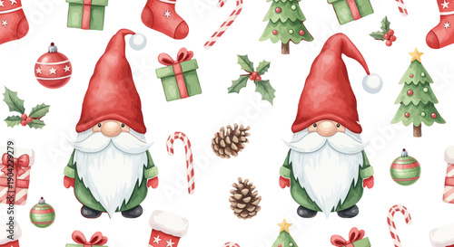 A festive watercolor seamless pattern featuring adorable Christmas gnomes, decorated trees, gift boxes, and holiday elements on a white background.