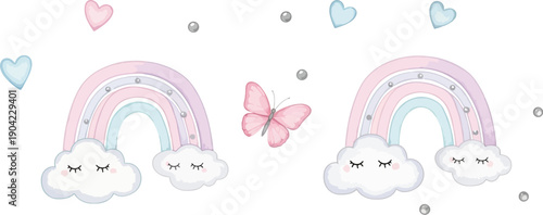 Pastel watercolor rainbows with sleeping clouds, a pink butterfly, and floating hearts on a clean white background.