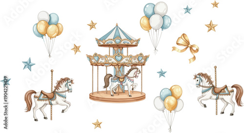 Whimsical watercolor carousel illustration featuring elegant horses, festive balloons, and sparkling stars on a clean white background.