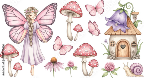 Whimsical Watercolor Illustration of a Fairy, Mushrooms, Butterflies, and a Charming Fairy House in a Magical Forest Setting