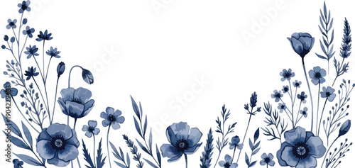 Elegant watercolor blue floral border illustration featuring delicate poppies and wildflowers on a clean white background, perfect for design.