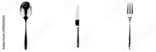 Photos Set of classic stainless steel cutlery, elegant silver spoon, table knife and fo