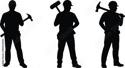 Silhouette of construction workers holding hammers isolated on white background representing manual labor industry skilled trades workforce concept