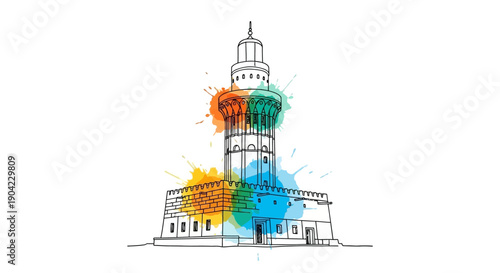 Colorful Splash Art, Historic Lighthouse, Coastal City, Illustration, Vibrant, Artistic Concept