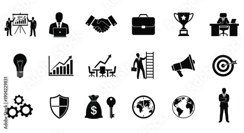 Business icons set including people targets briefcases and finance symbols on white background for marketing and strategy concepts