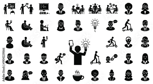 Business people icons set black silhouettes businessmen and women communication communication business concepts teamwork businesspeople corporate icons illustration businessman