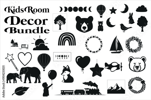 Cute kids room decor bundle featuring playful wall art elements perfect for nursery rooms, toddlers’ bedrooms, playrooms, classrooms, and baby spaces
