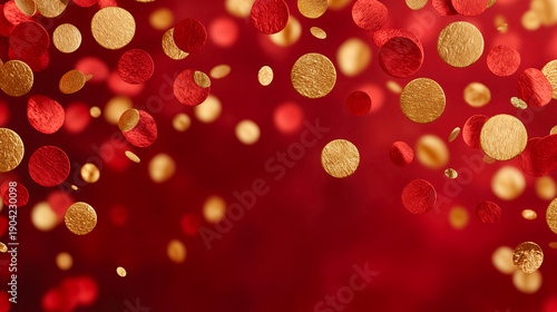 Golden confetti on a red background. Festive abstract background.