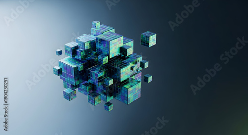 iridescent geometric cubes assemble into abstract floating structure on a gradient background