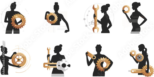 Silhouettes of female engineers holding gears and wrenches isolated on white background representing women in technology industry innovation and workforce concept